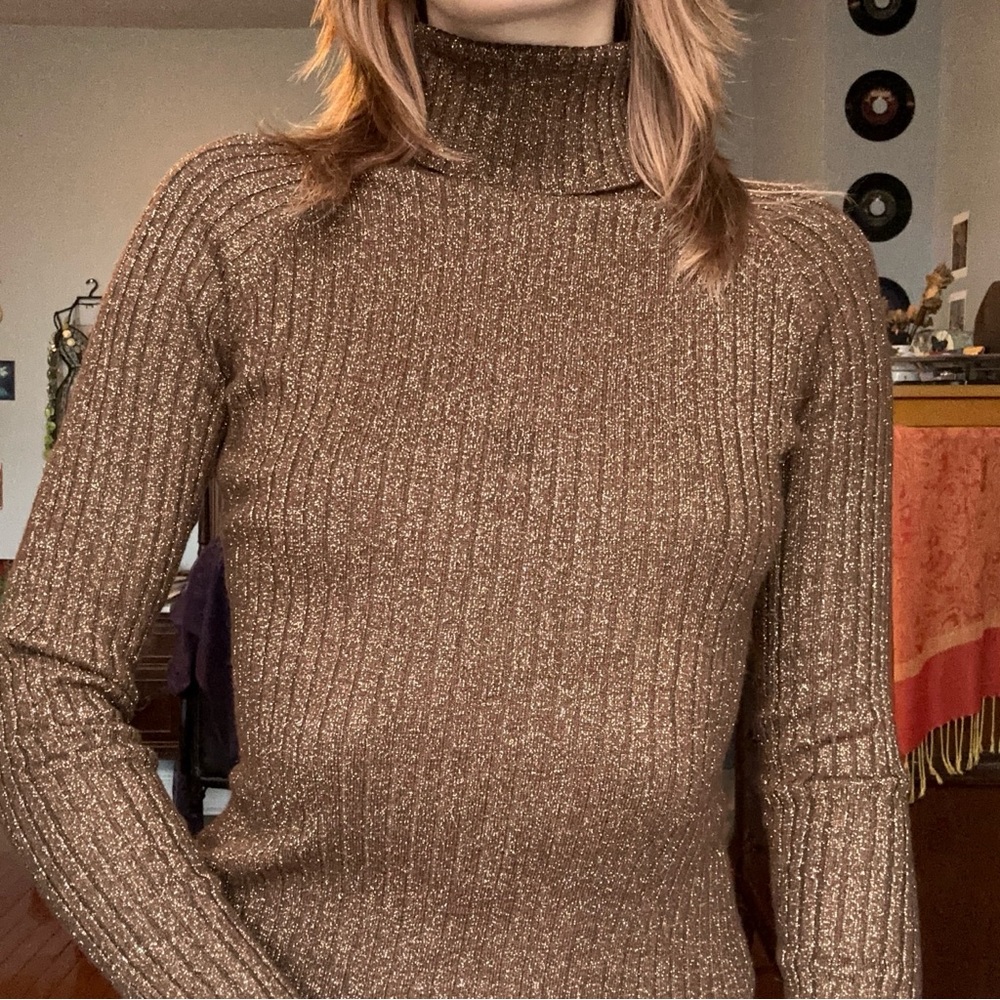 INC International Concepts 90s Brown and Gold Shimmer Ribbed Turtleneck Sweater